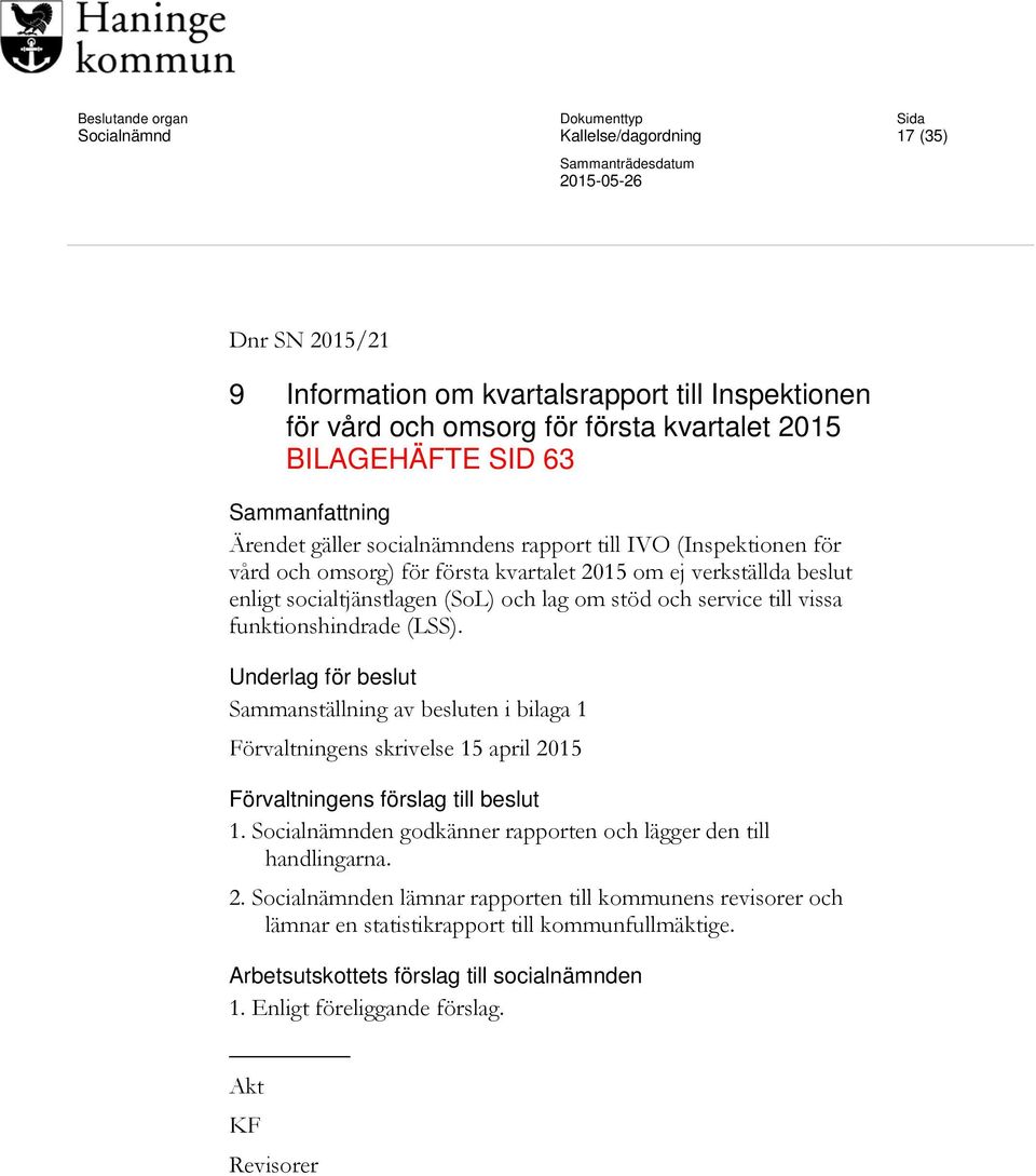funktionshindrade (LSS). Underlag för beslut Sammanställning av besluten i bilaga 1 Förvaltningens skrivelse 15 april 2015 Förvaltningens förslag till beslut 1.
