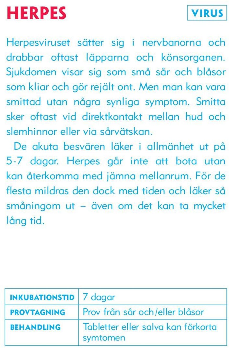 Smitta sker oftast vid direktkontakt mellan hud och slemhinnor eller via sårvätskan. De akuta besvären läker i allmänhet ut på 5-7 dagar.