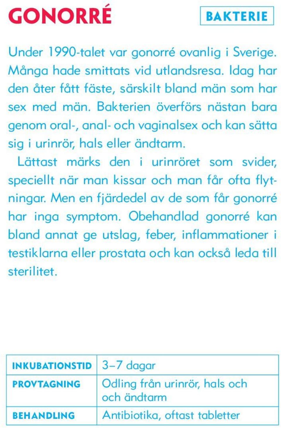 Lättast märks den i urinröret som svider, speciellt när man kissar och man får ofta flytningar. Men en fjärdedel av de som får gonorré har inga symptom.