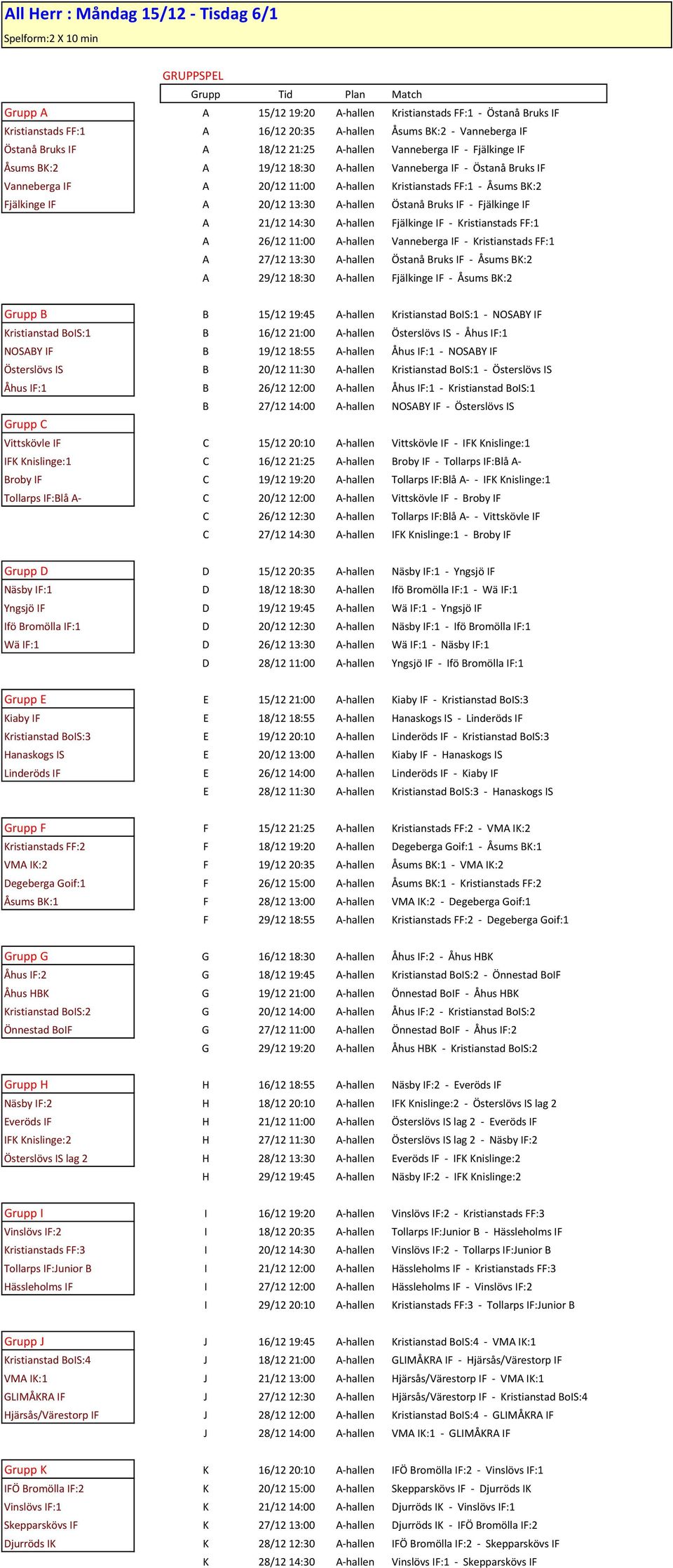 FF:1 - Åsums BK:2 Fjälkinge IF A 20/12 13:30 A-hallen Östanå Bruks IF - Fjälkinge IF A 21/12 14:30 A-hallen Fjälkinge IF - Kristianstads FF:1 A 26/12 11:00 A-hallen Vanneberga IF - Kristianstads FF:1
