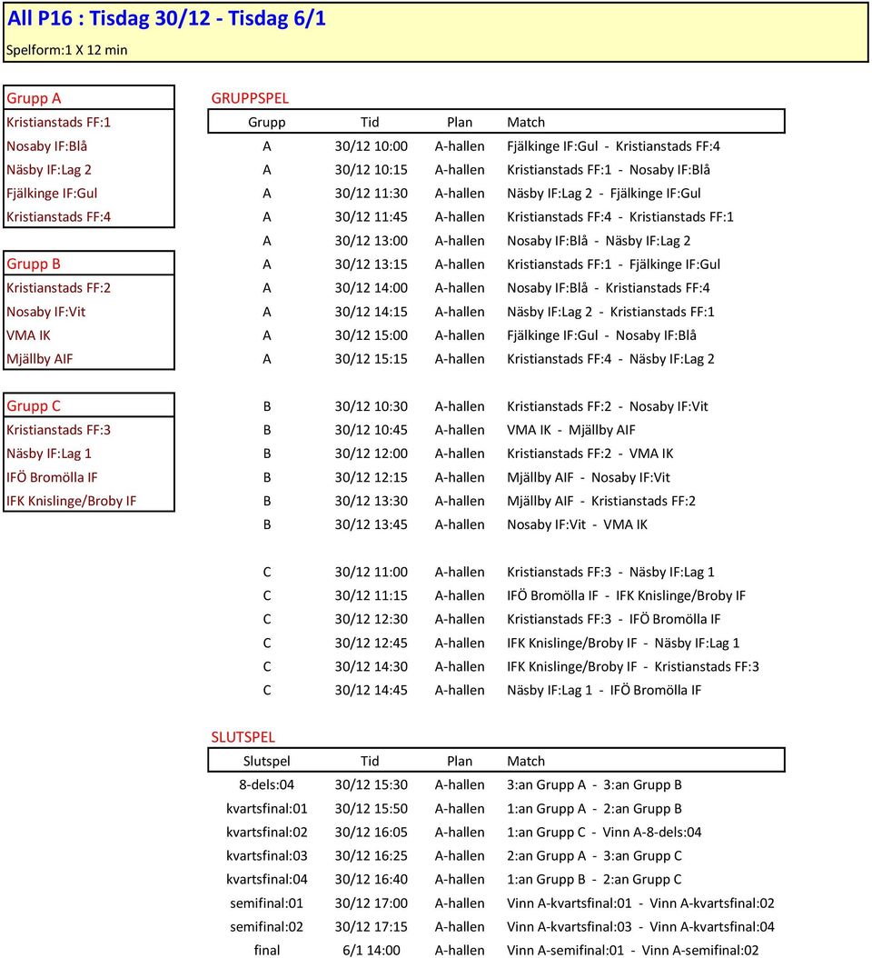 A 30/12 13:00 A-hallen Nosaby IF:Blå - Näsby IF:Lag 2 Grupp B A 30/12 13:15 A-hallen Kristianstads FF:1 - Fjälkinge IF:Gul Kristianstads FF:2 A 30/12 14:00 A-hallen Nosaby IF:Blå - Kristianstads FF:4