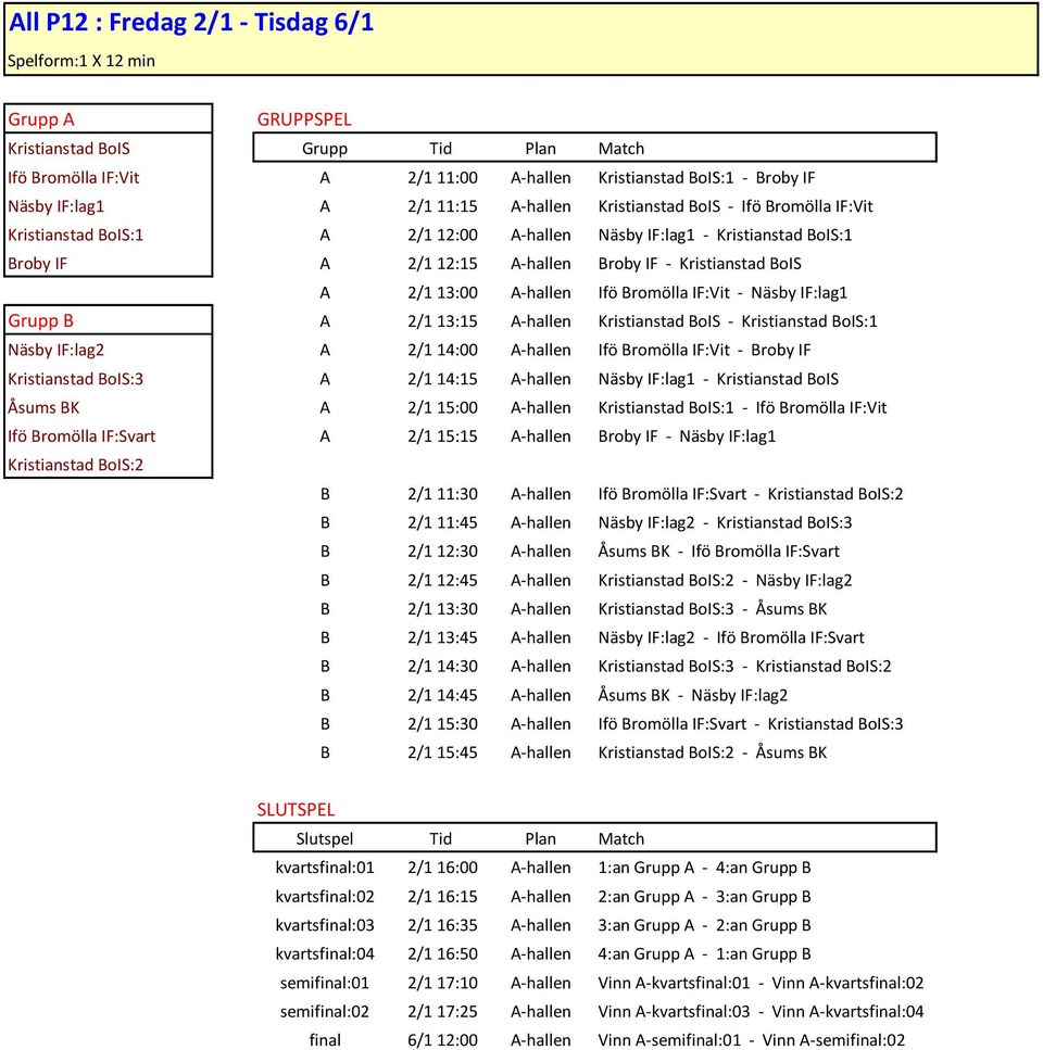 Ifö Bromölla IF:Vit - Näsby IF:lag1 Grupp B A 2/1 13:15 A-hallen Kristianstad BoIS - Kristianstad BoIS:1 Näsby IF:lag2 A 2/1 14:00 A-hallen Ifö Bromölla IF:Vit - Broby IF Kristianstad BoIS:3 A 2/1