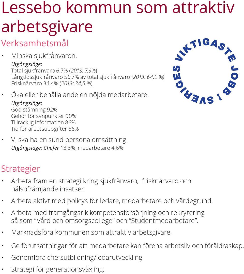 Utgångsläge: God stämning 92% Gehör för synpunkter 90% Tillräcklig information 86% Tid för arbetsuppgifter 66% Vi ska ha en sund personalomsättning.