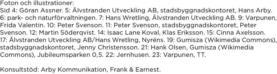 12: Martin Söderqvist. 14: Isaac Lane Koval, Klas Eriksson. 15: Cinna Axelsson. 17: Älvstranden Utveckling AB/Hans Wretling, Nyréns.