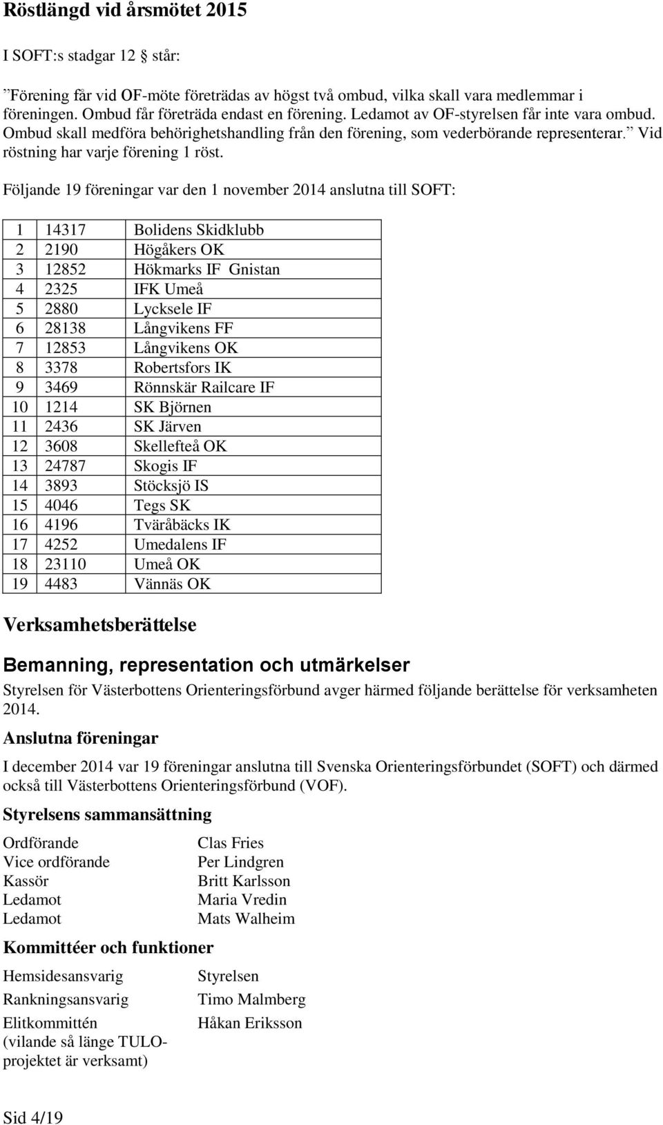 Följande 19 föreningar var den 1 november 2014 anslutna till SOFT: 1 14317 Bolidens Skidklubb 2 2190 Högåkers OK 3 12852 Hökmarks IF Gnistan 4 2325 IFK Umeå 5 2880 Lycksele IF 6 28138 Långvikens FF 7