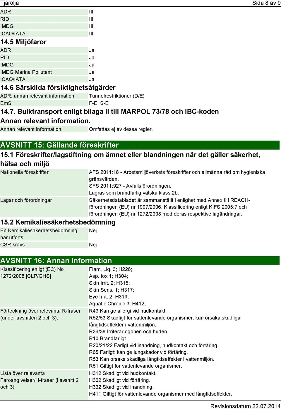 Bulktransport enligt bilaga II till MARPOL 73/78 och IBC-koden Annan relevant information. Annan relevant information. Omfattas ej av dessa regler. AVSNITT 15: Gällande föreskrifter 15.