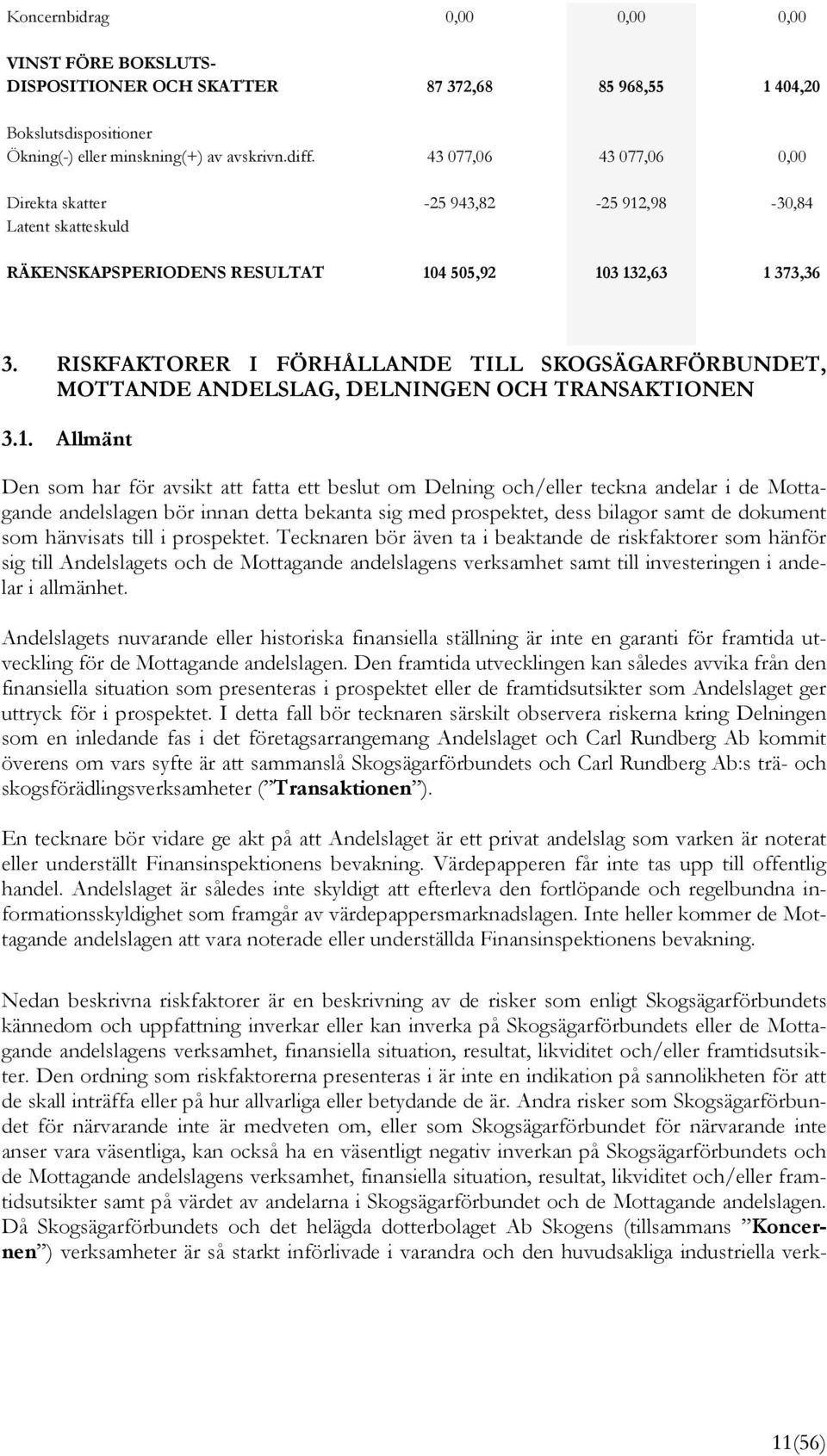 RISKFAKTORER I FÖRHÅLLANDE TILL SKOGSÄGARFÖRBUNDET, MOTTANDE ANDELSLAG, DELNINGEN OCH TRANSAKTIONEN 3.1.