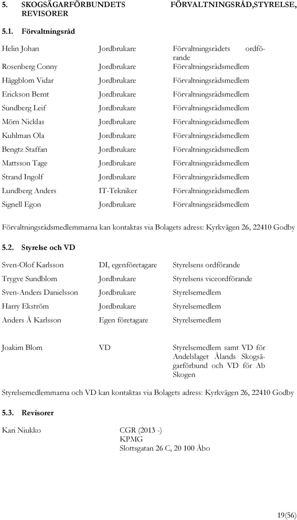Förvaltningsrådsmedlem Sundberg Leif Jordbrukare Förvaltningsrådsmedlem Mörn Nicklas Jordbrukare Förvaltningsrådsmedlem Kuhlman Ola Jordbrukare Förvaltningsrådsmedlem Bengtz Staffan Jordbrukare