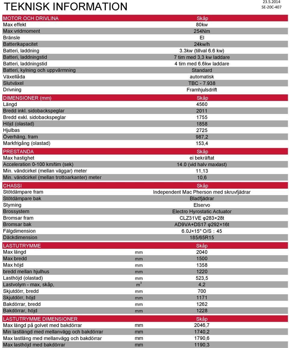 sidobackspeglar Höjd (olastad) Hjulbas Överhäng, fram Markfrigång (olastad) PRESTANDA Max hastighet Acceleration 0-100 km/tim (sek) Min. vändcirkel (mellan väggar) meter Min.