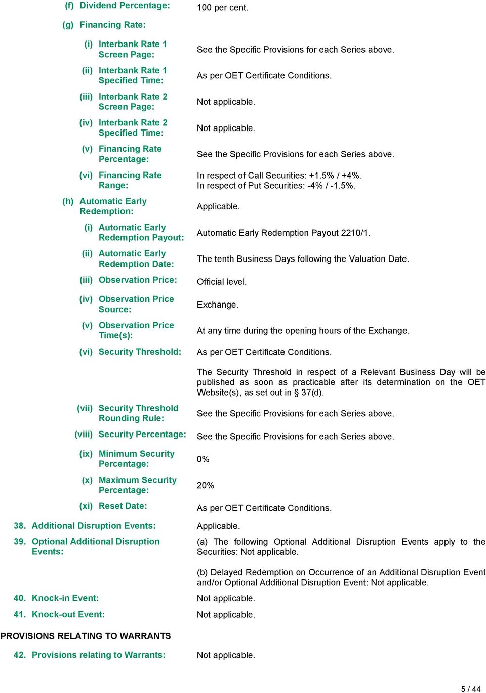 (vi) Financing Rate Range: (h) Automatic Early Redemption: (i) Automatic Early Redemption Payout: (ii) Automatic Early Redemption Date: (iii) Observation Price: (iv) Observation Price Source: (v)