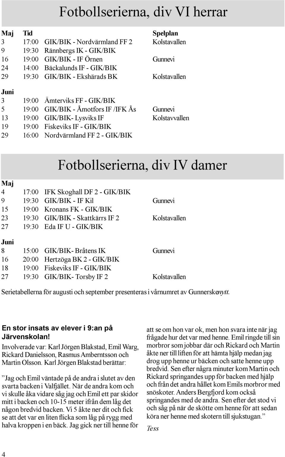 29 16:00 Nordvärmland FF 2 - GIK/BIK Fotbollserierna, div IV damer Maj 4 17:00 IFK Skoghall DF 2 - GIK/BIK 9 19:30 GIK/BIK - IF Kil Gunnevi 15 19:00 Kronans FK - GIK/BIK 23 19:30 GIK/BIK - Skattkärrs