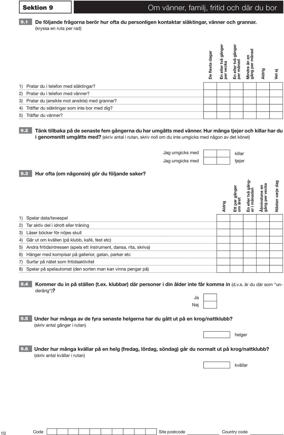 2) Pratar du i telefon med vänner? 3) Pratar du (ansikte mot ansikte) med grannar? 4) Träffar du släktingar som inte bor med dig? 5) Träffar du vänner? 9.