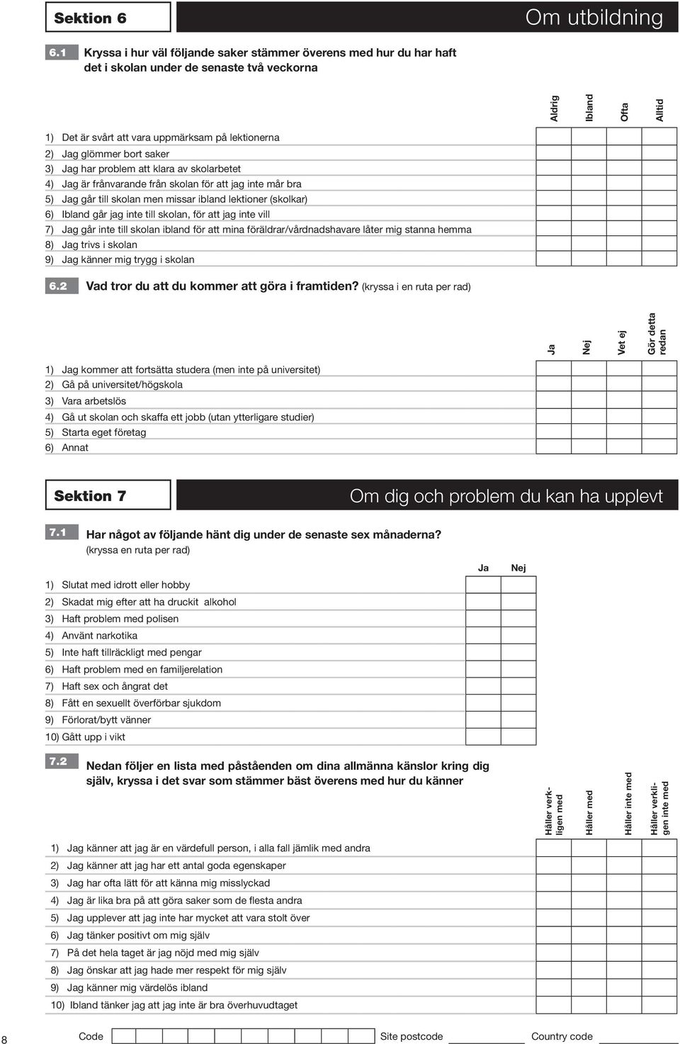 glömmer bort saker 3) g har problem att klara av skolarbetet 4) g är frånvarande från skolan för att jag inte mår bra 5) g går till skolan men missar ibland lektioner (skolkar) 6) Ibland går jag inte