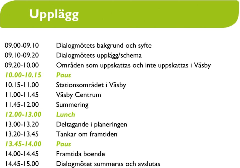 00 Stationsområdet i Väsby 11.00-11.45 Väsby Centrum 11.45-12.00 Summering 12.00-13.