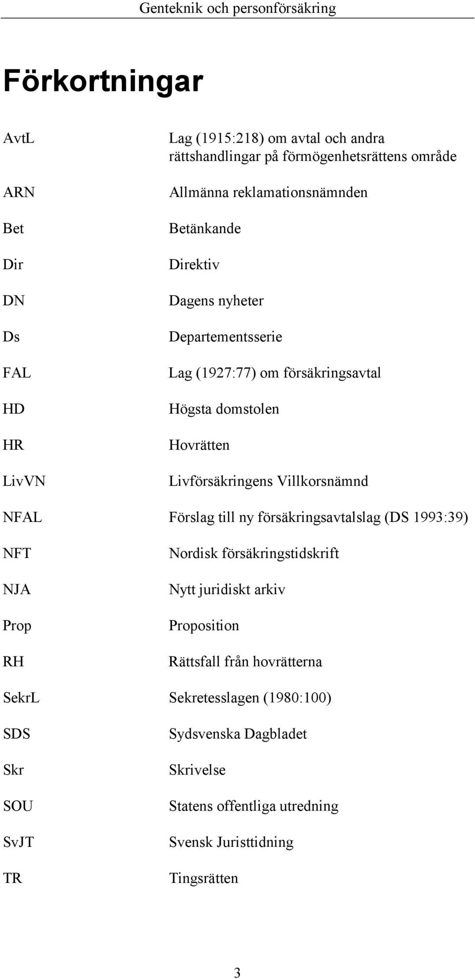 Villkorsnämnd NFAL Förslag till ny försäkringsavtalslag (DS 1993:39) NFT NJA Prop RH Nordisk försäkringstidskrift Nytt juridiskt arkiv Proposition
