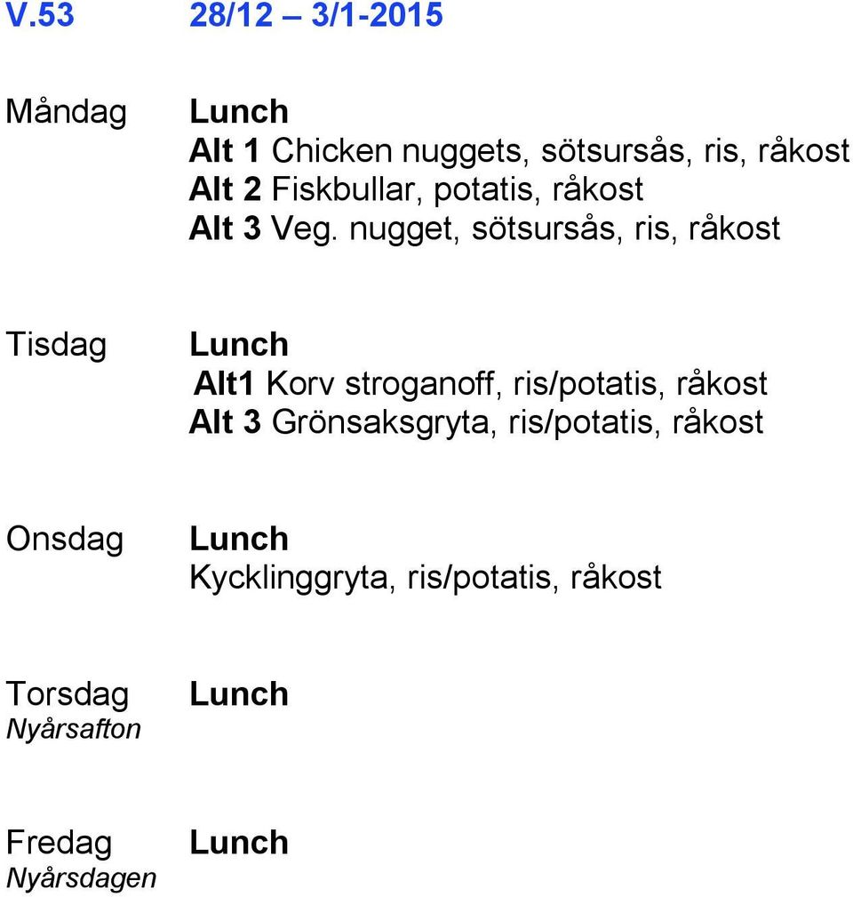 nugget, sötsursås, ris, råkost Alt1 Korv stroganoff, ris/potatis,