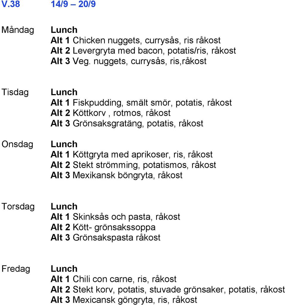 1 Köttgryta med aprikoser, ris, råkost Alt 2 Stekt strömming, potatismos, råkost Alt 3 Mexikansk böngryta, råkost Alt 1 Skinksås och pasta, råkost Alt