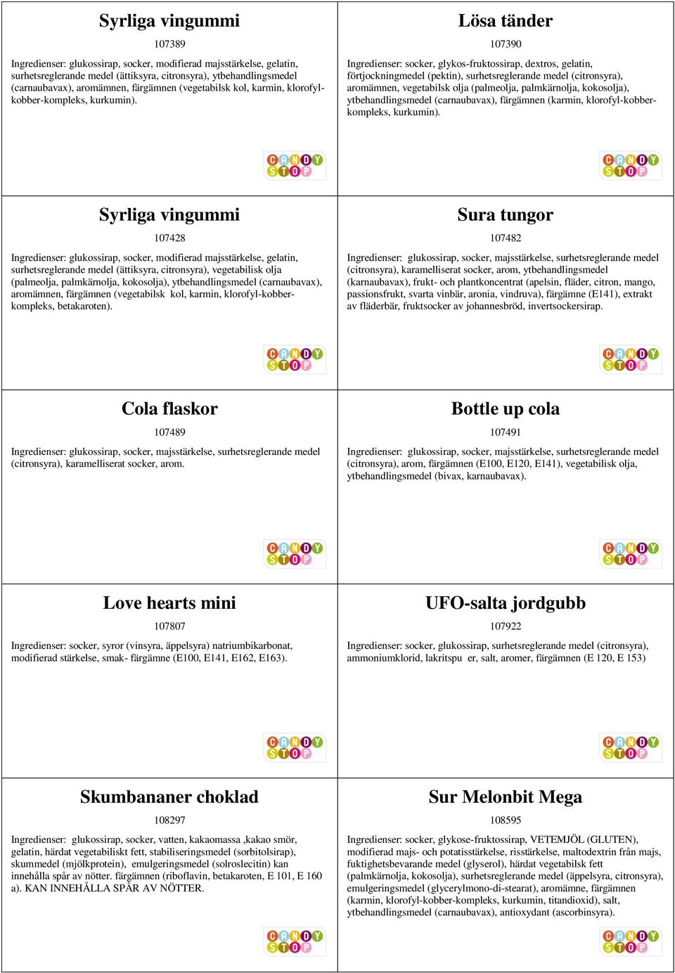 Lösa tänder 107390 Ingredienser: socker, glykos-fruktossirap, dextros, gelatin, förtjockningmedel (pektin), surhetsreglerande medel (citronsyra), aromämnen, vegetabilsk olja (palmeolja, palmkärnolja,