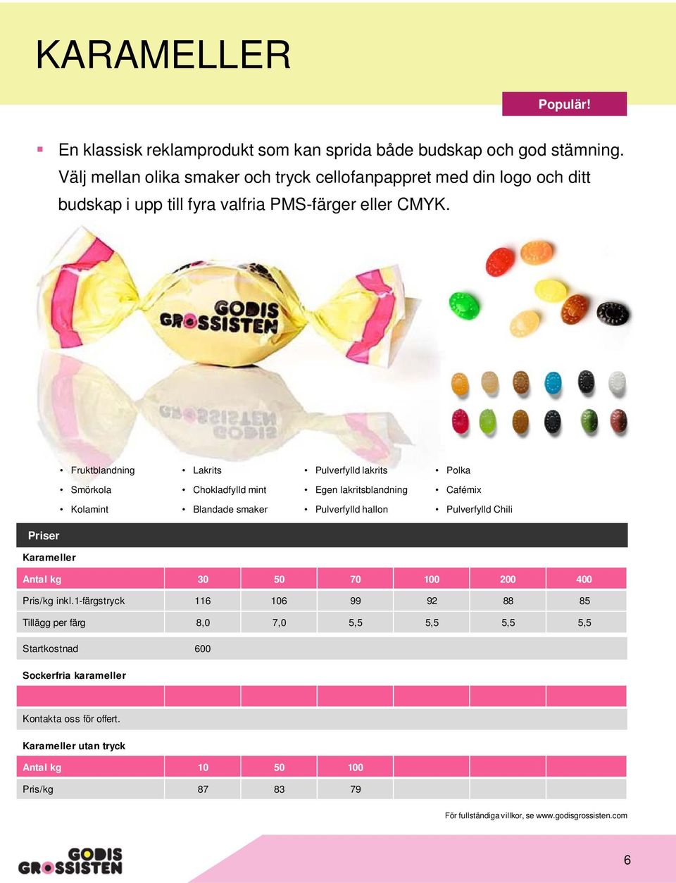 Fruktblandning Lakrits Pulverfylld lakrits Polka Smörkola Chokladfylld mint Egen lakritsblandning Cafémix Kolamint Blandade smaker Pulverfylld hallon