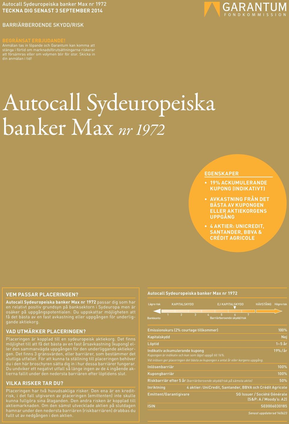 Autocall Sydeuropeiska banker Max nr 1972 EGENSKAPER 19% ACKUMULERANDE KUPONG (INDIKATIVT) AVKASTNING FRÅN DET BÄSTA AV KUPONGEN ELLER AKTIEKORGENS UPPGÅNG 4 AKTIER: UNICREDIT, SANTANDER, BBVA &