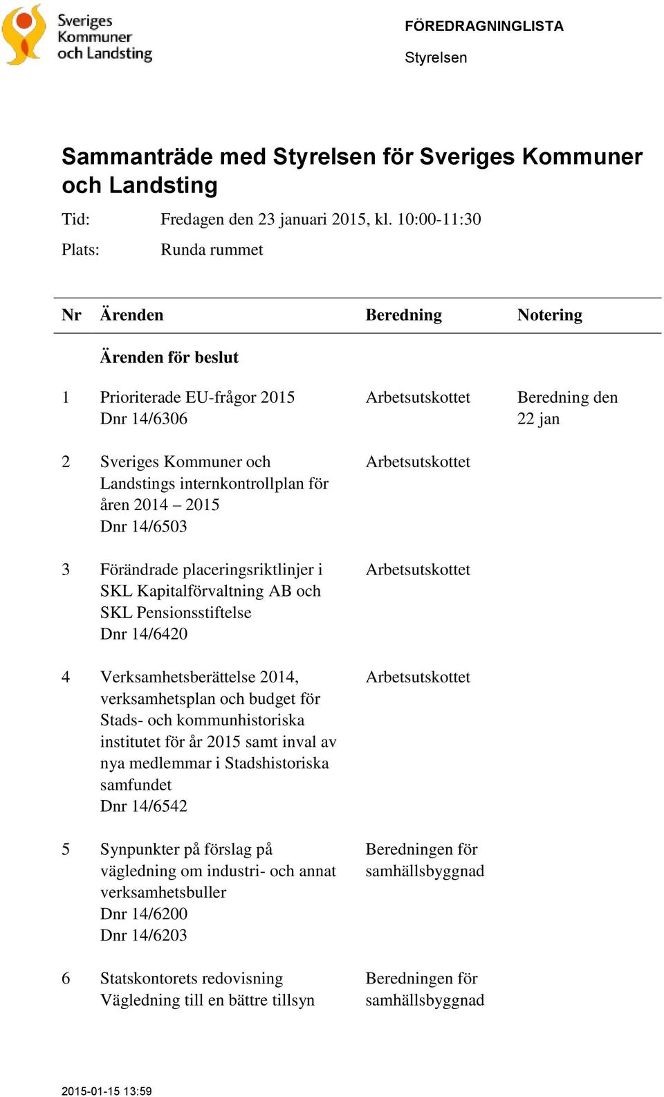 14/6503 3 Förändrade placeringsriktlinjer i SKL Kapitalförvaltning AB och SKL Pensionsstiftelse Dnr 14/6420 4 Verksamhetsberättelse 2014, verksamhetsplan och budget för Stads- och kommunhistoriska