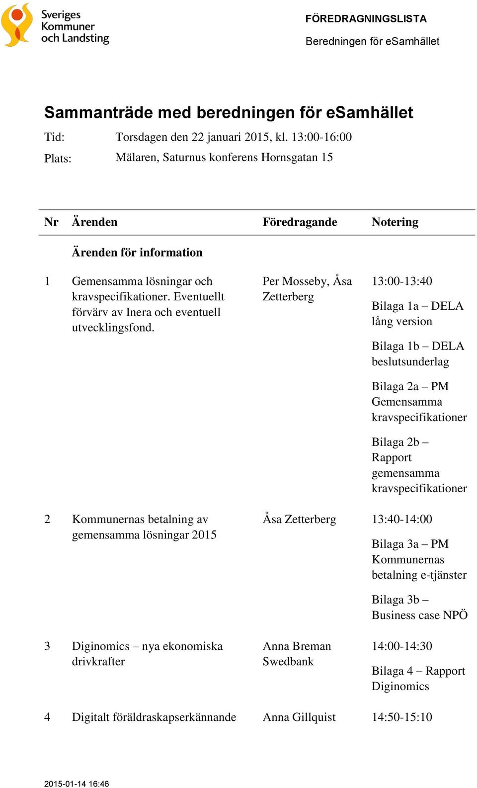 Per Mosseby, Åsa Zetterberg 13:00-13:40 Bilaga 1a DELA lång version Bilaga 1b DELA beslutsunderlag Bilaga 2a PM Gemensamma kravspecifikationer Bilaga 2b Rapport gemensamma kravspecifikationer 2