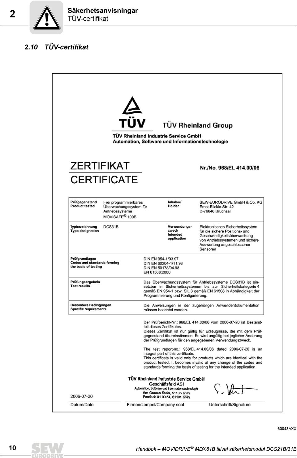 10 TÜV-certifikat 60048AXX 10