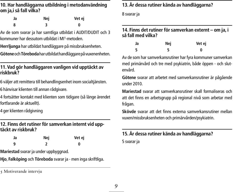 Götene och Töreboda har utbildat handläggare på vuxenenheten. 11. Vad gör handläggaren vanligen vid upptäckt av riskbruk? 6 väljer att remittera till behandlingsenhet inom socialtjänsten.