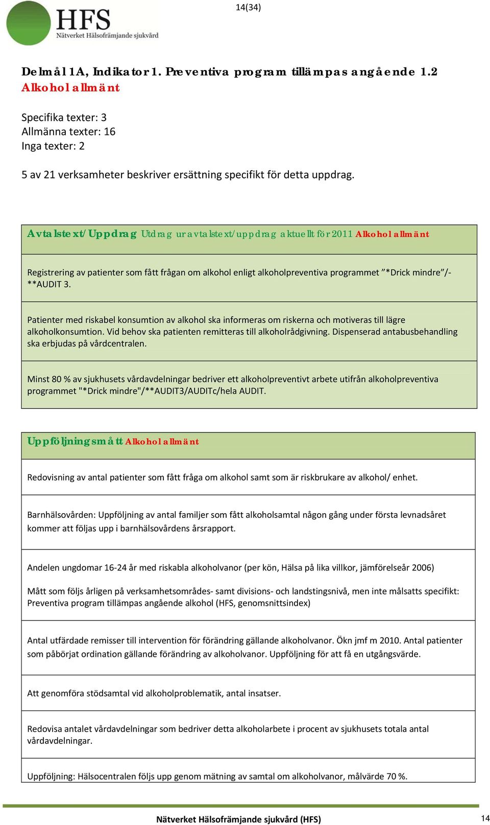 Avtalstext/Uppdrag Utdrag ur avtalstext/uppdrag aktuellt för 2011 Alkohol allmänt Registrering av patienter som fått frågan om alkohol enligt alkoholpreventiva programmet *Drick mindre / **AUDIT 3.