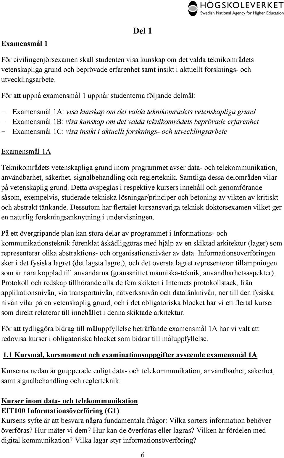 För att uppnå examensmål 1 uppnår studenterna följande delmål: Examensmål 1A: visa kunskap om det valda teknikområdets vetenskapliga grund Examensmål 1B: visa kunskap om det valda teknikområdets