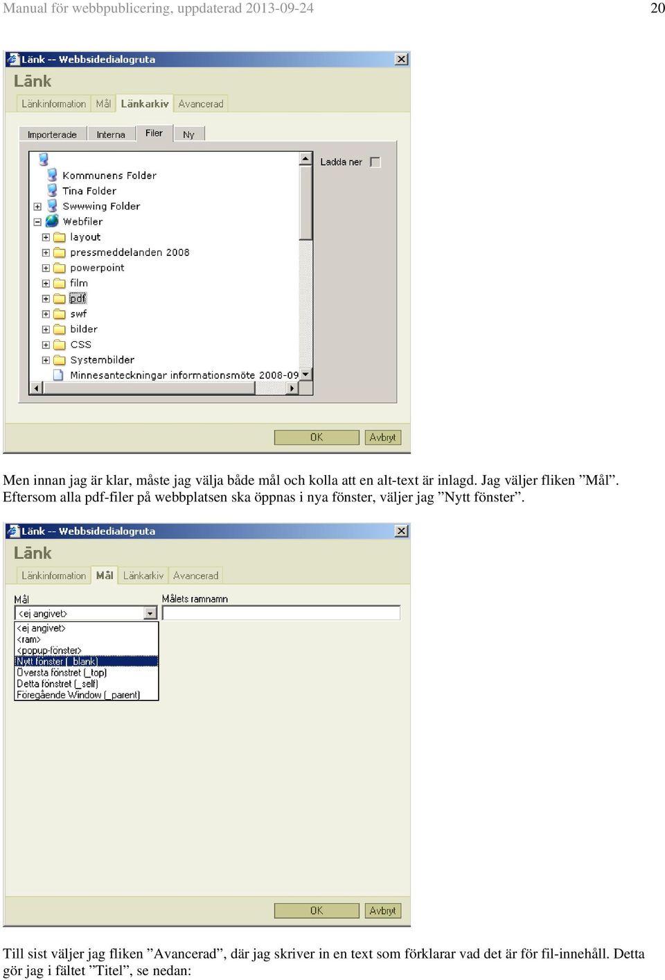 Eftersom alla pdf-filer på webbplatsen ska öppnas i nya fönster, väljer jag Nytt fönster.