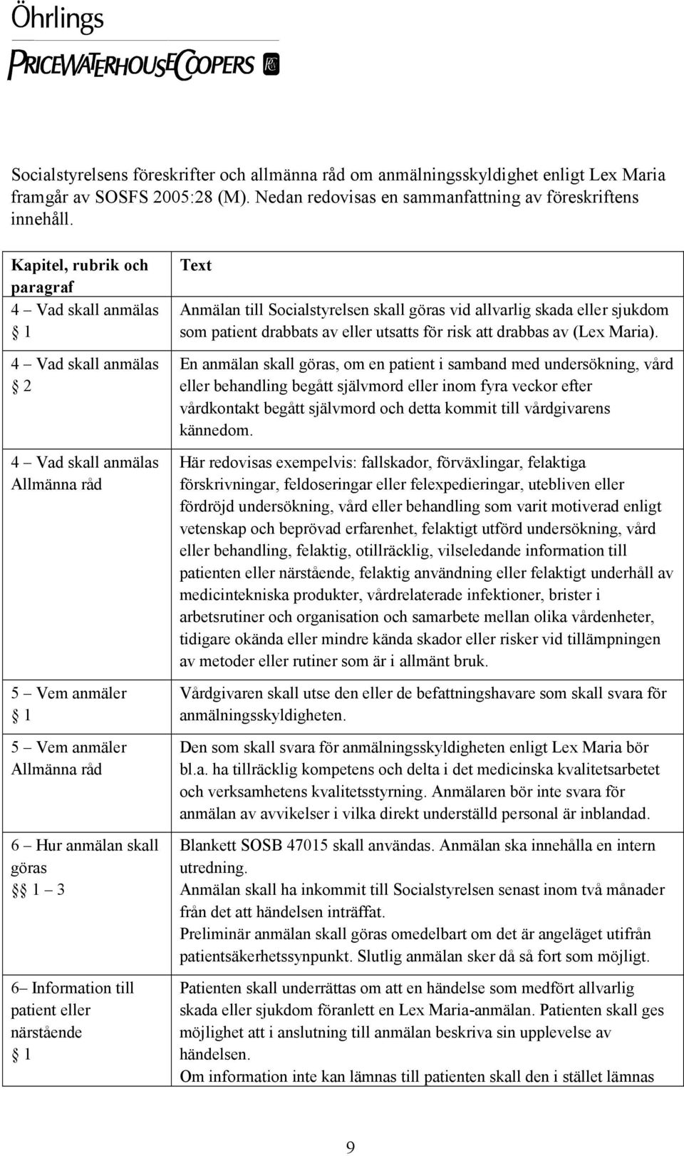 patient eller närstående 1 Text Anmälan till Socialstyrelsen skall göras vid allvarlig skada eller sjukdom som patient drabbats av eller utsatts för risk att drabbas av (Lex Maria).