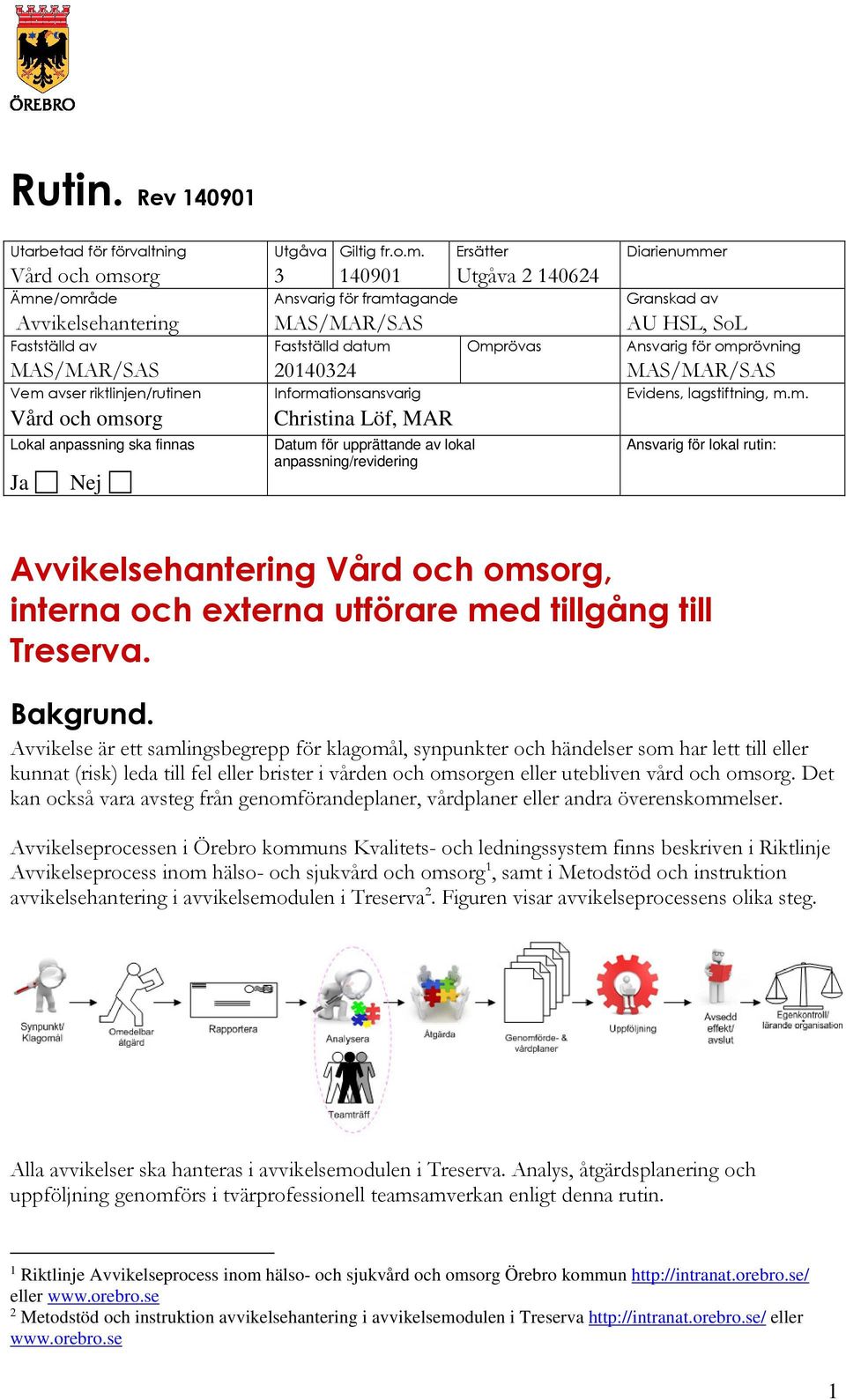 o.m. 140901 Ansvarig för framtagande MAS/MAR/SAS Fastställd datum 20140324 Informationsansvarig Christina Löf, MAR Datum för upprättande av lokal anpassning/revidering Ersätter Utgåva 2 140624