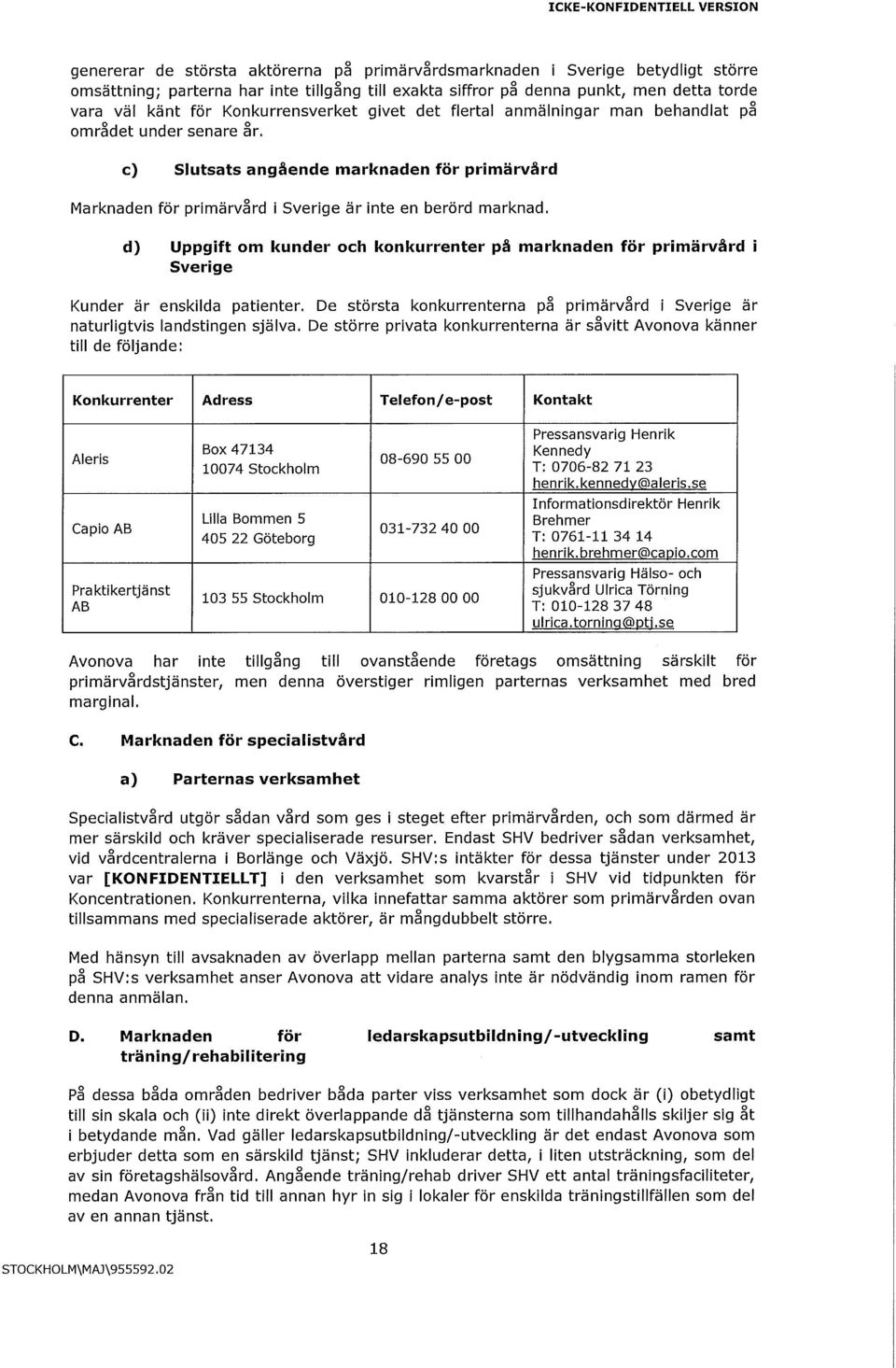 d) Uppgift om kunder och konkurrenter på marknaden för primärvård i Sverige Kunder är enskilda patienter. De största konkurrenterna pa primärvård i Sverige är naturligtvis landstingen själva.