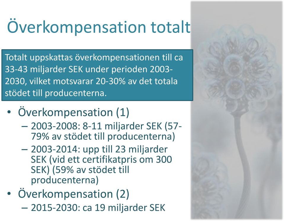 Överkompensation (1) 2003-2008: 8-11 miljarder SEK (57-79% av stödet till producenterna) 2003-2014: upp