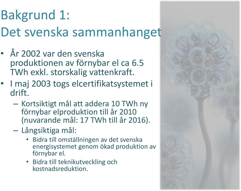 Kortsiktigt mål att addera 10 TWh ny förnybar elproduktion till år 2010 (nuvarande mål: 17 TWh till år 2016).