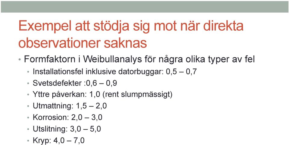 datorbuggar: 0,5 0,7 Svetsdefekter :0,6 0,9 Yttre påverkan: 1,0 (rent