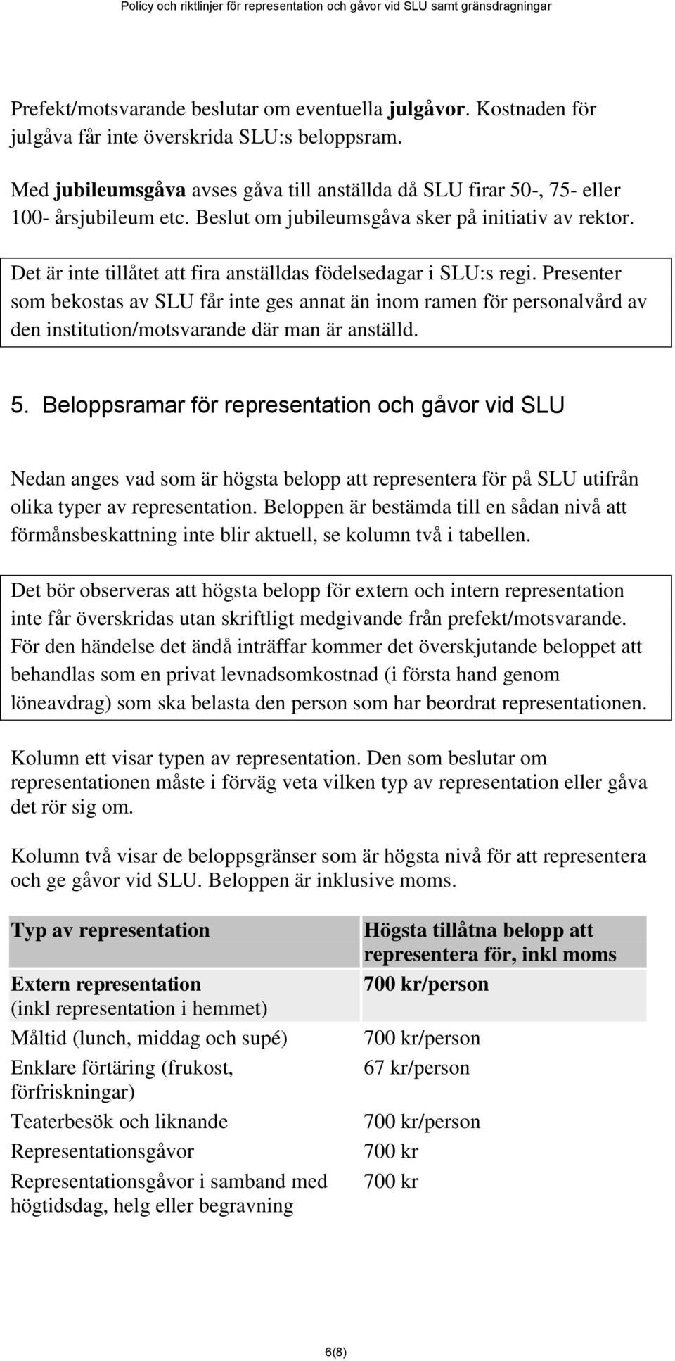 Det är inte tillåtet att fira anställdas födelsedagar i SLU:s regi. Presenter som bekostas av SLU får inte ges annat än inom ramen för personalvård av den institution/motsvarande där man är anställd.