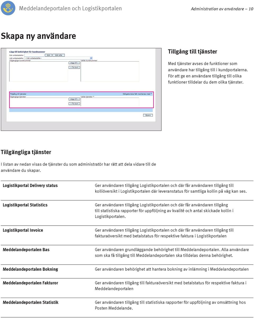 Tillgängliga tjänster I listan av nedan visas de tjänster du som administratör har rätt att dela vidare till de användare du skapar.