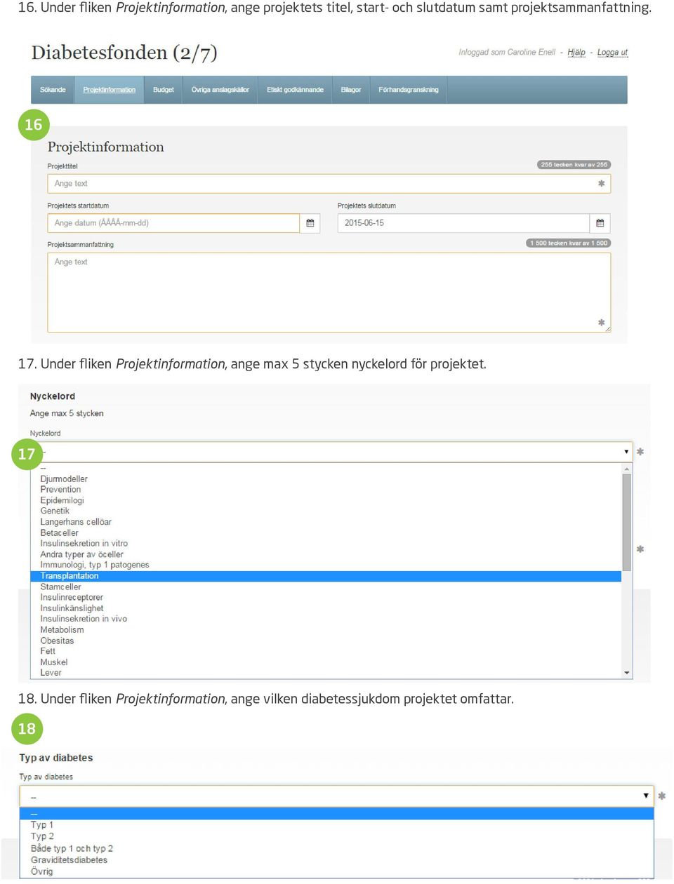 Under fliken Projektinformation, ange max 5 stycken nyckelord för