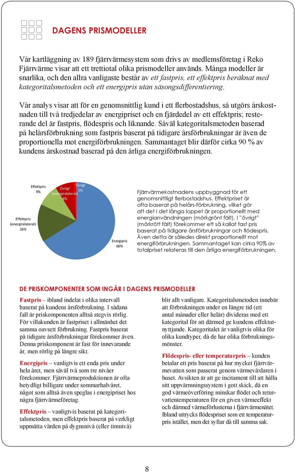 Vår analys visar att för en genomsnittlig kund i ett flerbostadshus, så utgörs årskostnaden till två tredjedelar av energipriset och en fjärdedel av ett effektpris; resterande del är fastpris,