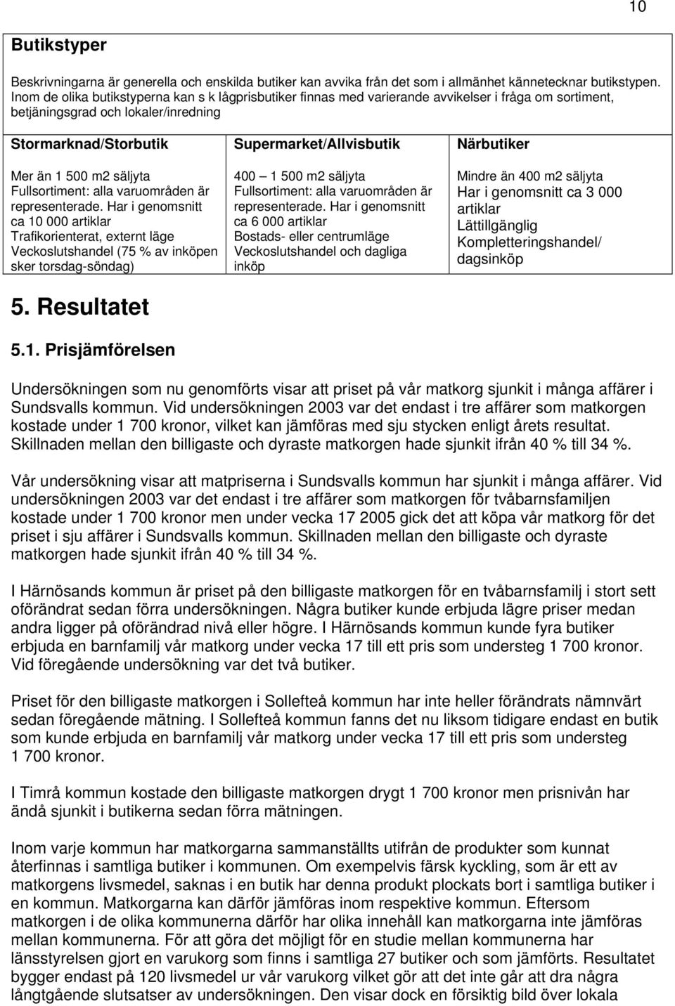 Fullsortiment: alla varuområden är representerade. Har i genomsnitt ca 10 000 artiklar Trafikorienterat, externt läge Veckoslutshandel (75 % av inköpen sker torsdag-söndag) 5. Resultatet 5.1. Prisjämförelsen Supermarket/Allvisbutik 400 1 500 m2 säljyta Fullsortiment: alla varuområden är representerade.