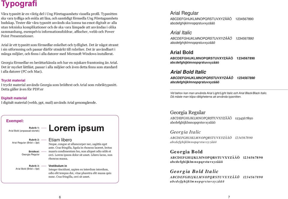 webb och Power Point Presentationer. Arial är ett typsnitt som förmedlar enkelhet och tydlighet. Det är något stramt i sin utformning och passar därför utmärkt till rubriker.