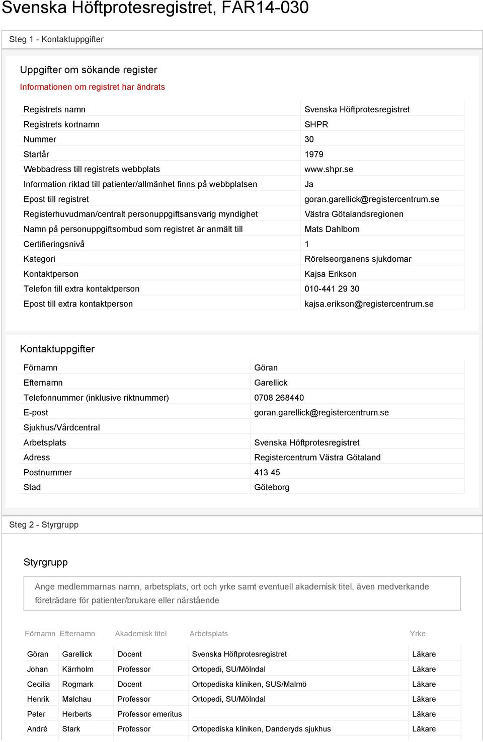 se Registerhuvudman/centralt personuppgiftsansvarig myndighet Västra Götalandsregionen Namn på personuppgiftsombud som registret är anmält till Mats Dahlbom Certifieringsnivå 1 Kategori