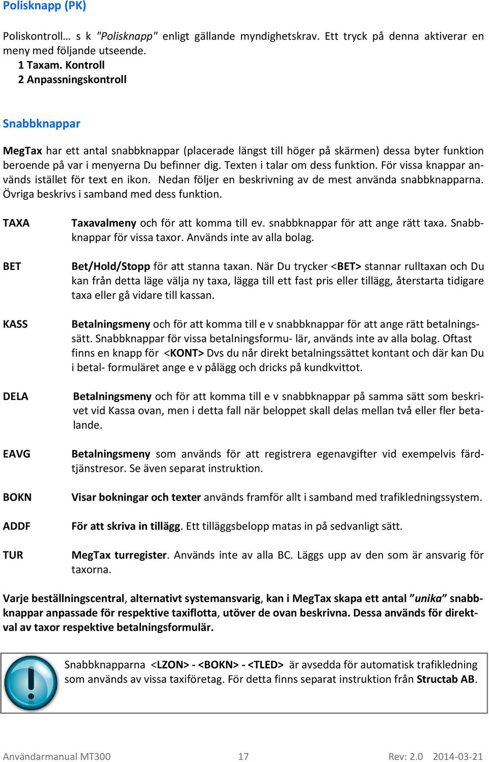 Texten i talar om dess funktion. För vissa knappar används istället för text en ikon. Nedan följer en beskrivning av de mest använda snabbknapparna. Övriga beskrivs i samband med dess funktion.