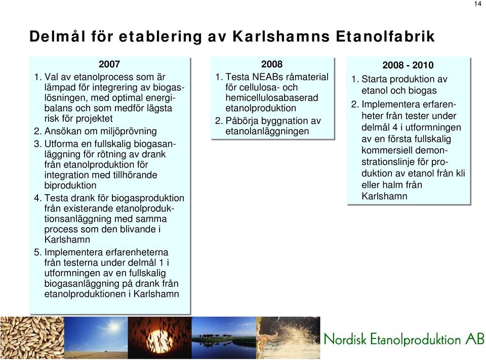 Testa drank för biogasproduktion från existerande etanolproduktionsanläggning med samma process som den blivande i Karlshamn 5.