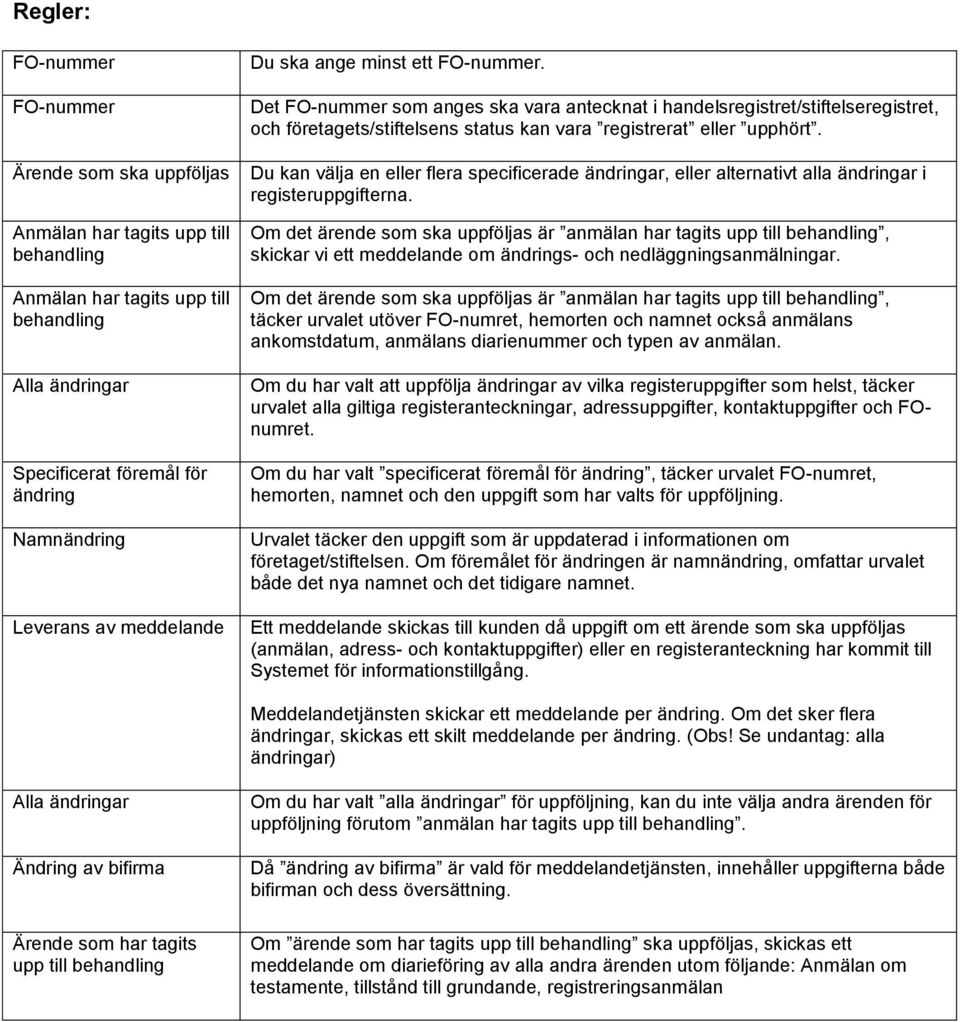 Du kan välja en eller flera specificerade ändringar, eller alternativt alla ändringar i registeruppgifterna.