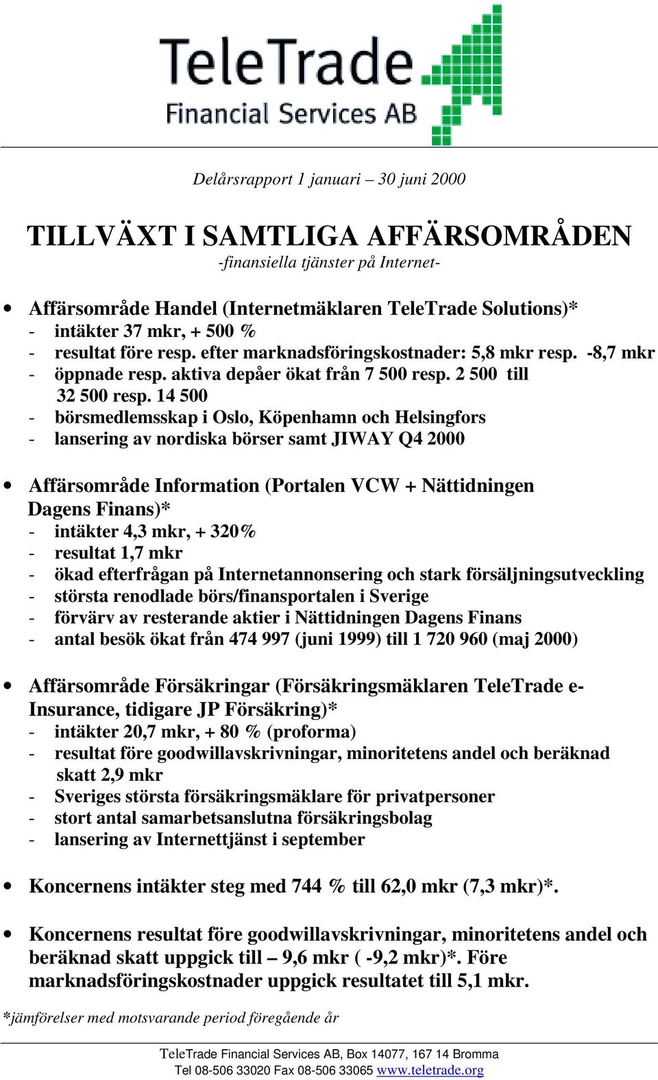 14 500 - börsmedlemsskap i Oslo, Köpenhamn och Helsingfors - lansering av nordiska börser samt JIWAY Q4 2000 Affärsområde Information (Portalen VCW + Nättidningen Dagens Finans)* - intäkter 4,3 mkr,