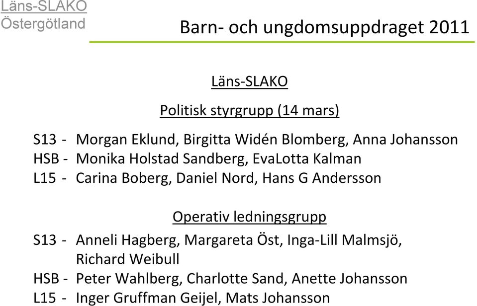 Boberg, Daniel Nord, Hans G Andersson Operativ ledningsgrupp S13 Anneli Hagberg, Margareta Öst, Inga Lill