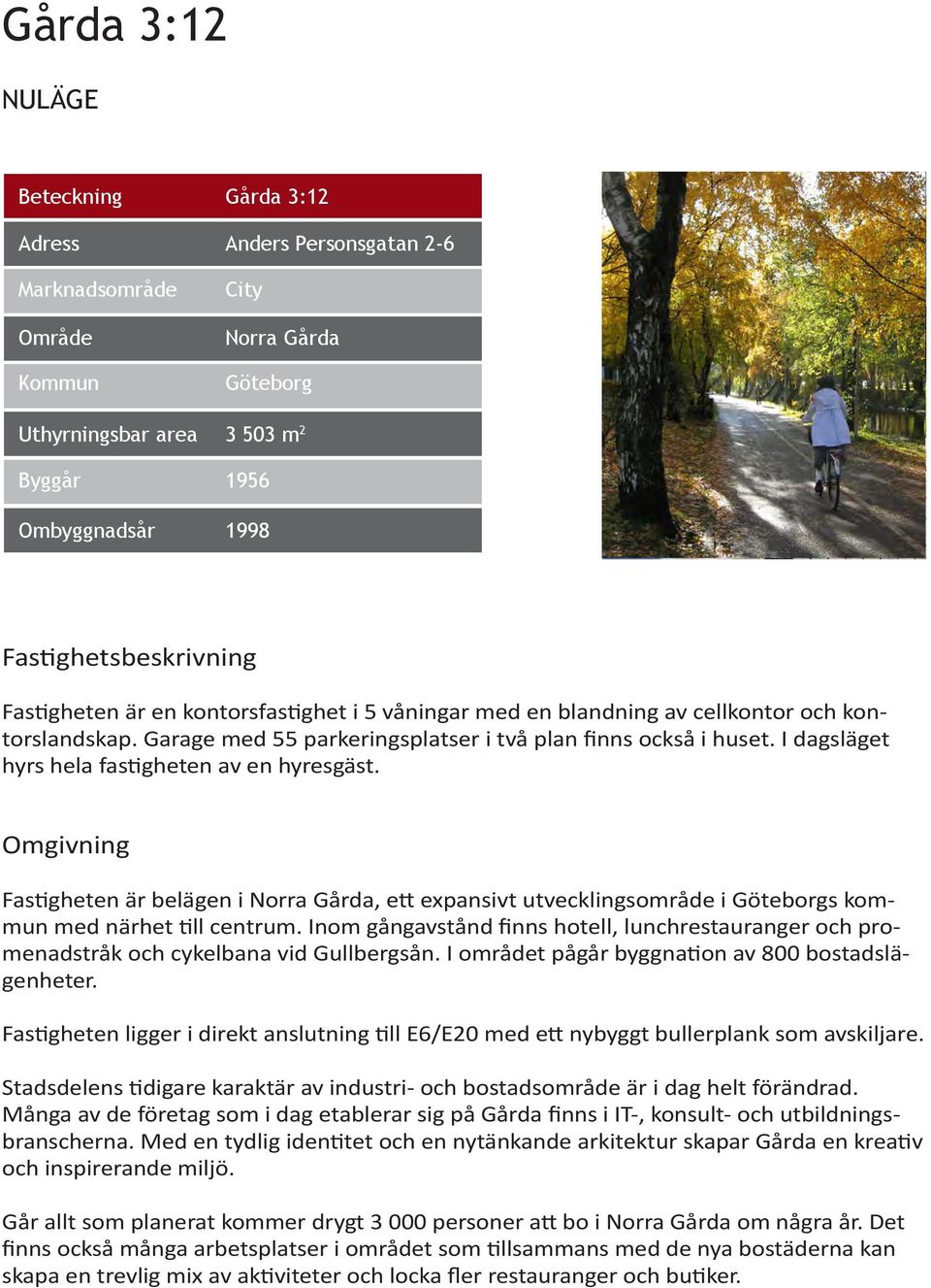 I dagsläget hyrs hela fastigheten av en hyresgäst. Omgivning Fastigheten är belägen i Norra Gårda, ett expansivt utvecklingsområde i Göteborgs kommun med närhet till centrum.
